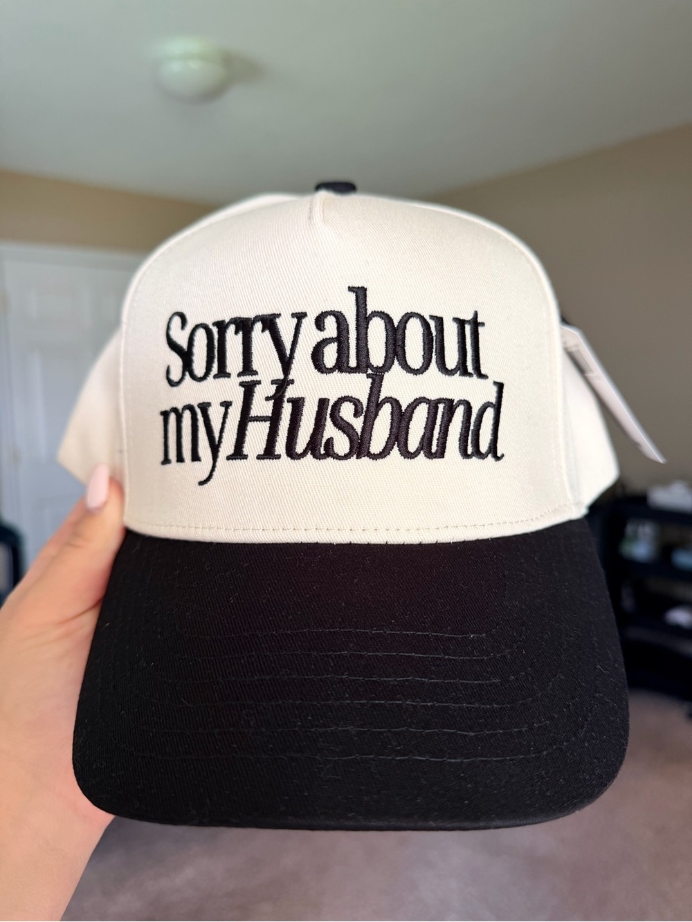 Buckle White and Black "Sorry About My Husband" Embroidered Trucker Hat